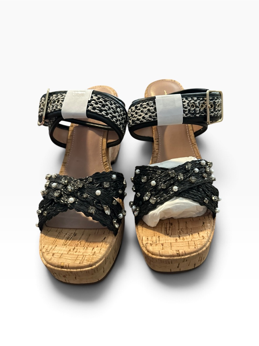 Linea Paolo Varena-L Black Raffia Crystal Cork Wedge Sandals Size 7